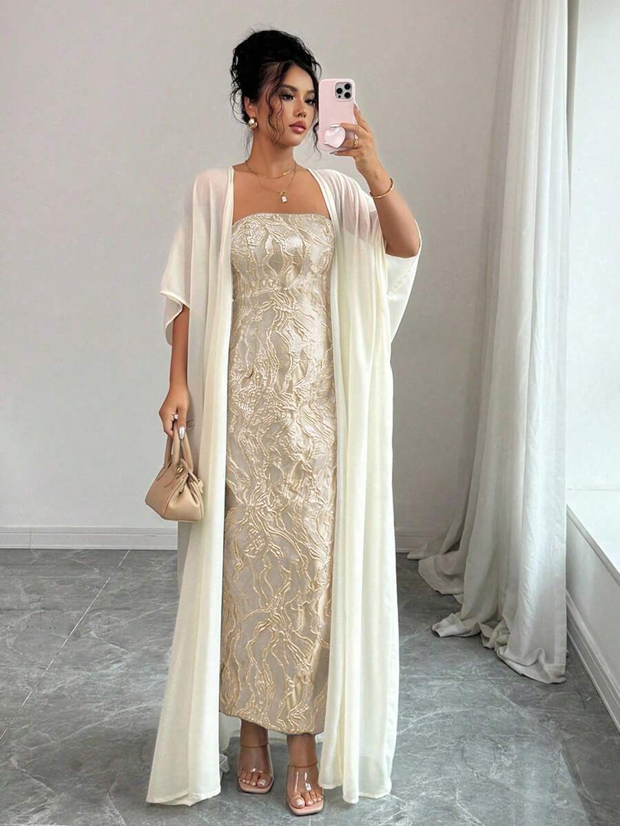 Elenzga 2025春夏高端极简蓝抹胸白披肩领连衣裙 - 黃色 - 查看 1