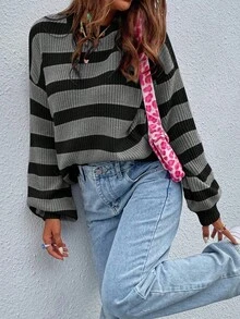 EMERY ROSE 女士休闲宽松条纹圆领落肩长袖毛衣秋冬条纹套头衫条纹毛衣长袖条纹毛衣女条纹毛衣黑灰色条纹毛衣 - 彩色 - 查看 6