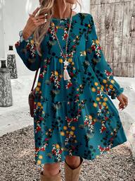 EMERY ROSE Casual Elegant Women's Mid-Length Dress, Autumn/Winter Boho Dress Women Women Summer Dress Tiered Dress Long Sleeve Floral Dress Floral Print Dress