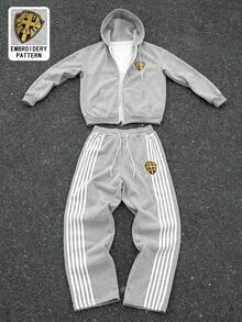 Aesthetic Post--Men's Zipper Front Thermal Lined Hoodie And Striped Sweatpants Set, Fall Winter Clothes - Grey - View 1