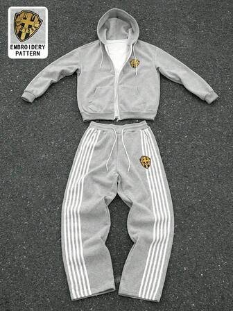  Aesthetic Post--Men's Zipper Front Fleece Lined Hoodie And Striped Sweatpants Set, Fall Winter Clothes