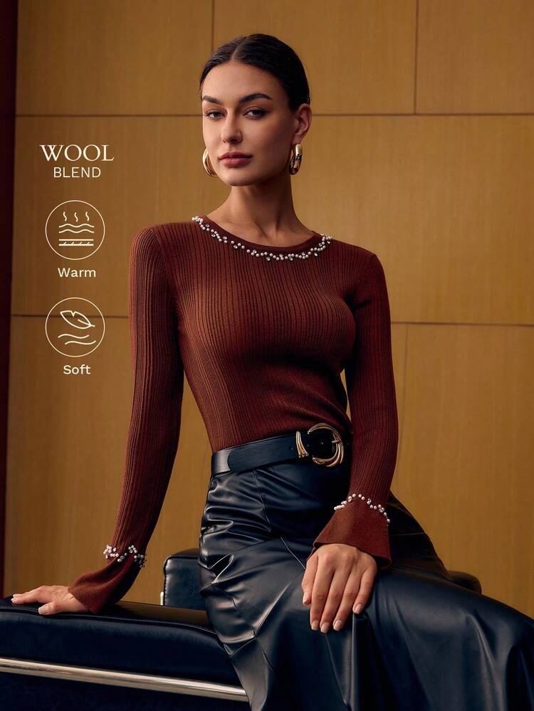 FAUX PEARL & RHINESTONE TRIM SLIM FIT SWEATER KNIT PULLOVER FALL WINTER