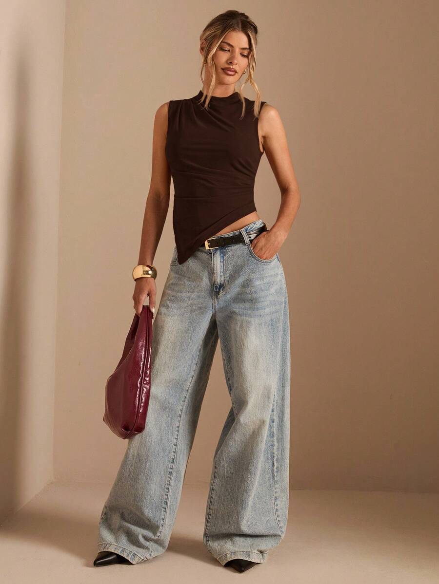 SHEIN BAE Áo ba lỗ cổ đứng xếp ly viền bất đối xứng màu trơn dành cho nữ - Cà phê nâu - Xem 1