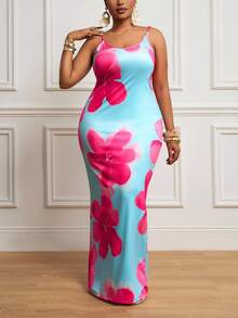 Slaydiva 大码女式无袖花卉印花修身夏装 - 藍色 - 查看 1