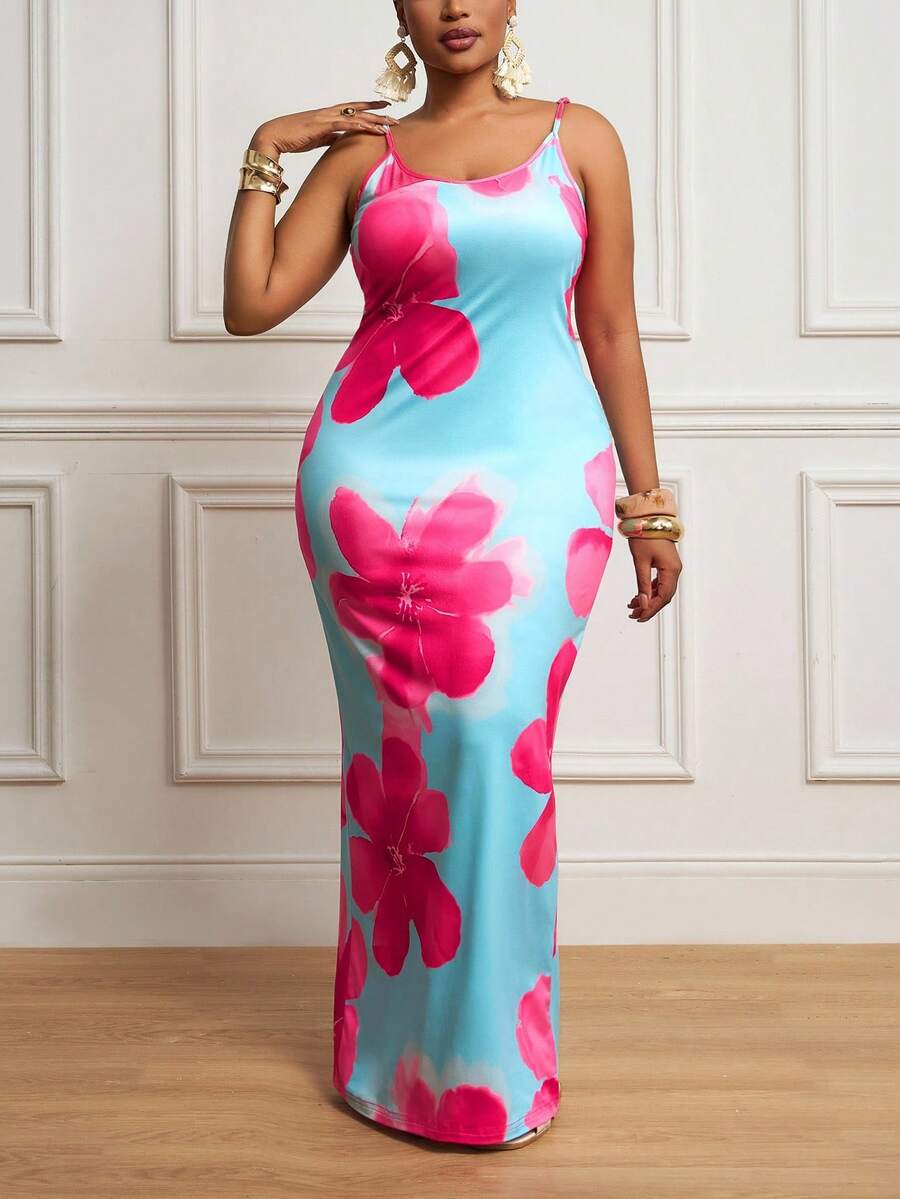 Slaydiva 大码女式无袖花卉印花修身夏装 - 藍色 - 查看 1