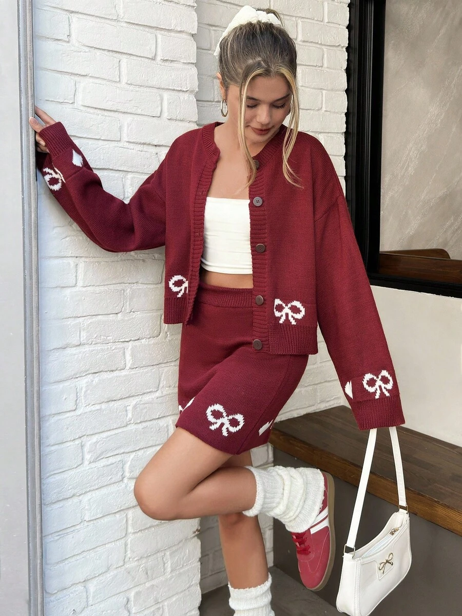 EURMUSE Women Hearth Pattern Front Button Cardigan & Sweater Skirt Set Knit Two Piece Set Sweater Sets For Women Modest Two Piece Set Two Piece Set Women Dress Dress With Cardigan Set - Burgundy - View 1