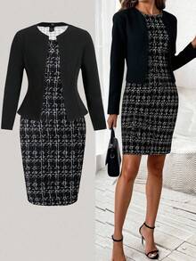 EMERY ROSE 女士优雅通勤夹克和格子连衣裙两件套 - 黑與白 - 查看 3