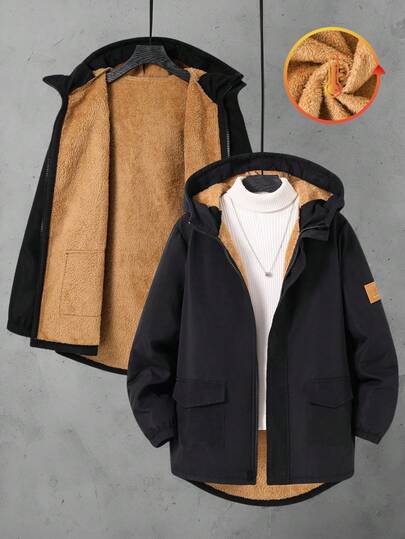 SHEIN 1 Pieza Chaqueta con capucha de forro polar grueso de estilo universitario deportivo casual para niño preadolescente, con decoración de tira de piel, versátil, adecuada para conjuntos de ropa de niño, ropa de niño pequeño, de vuelta al colegio, adecuada para fiestas de cumpleaños, fiestas de noche, actuaciones, ceremonias de apertura, adecuada para uso diario, adecuada para la escuela, adecuada para deportes, adecuada para otoño e invierno