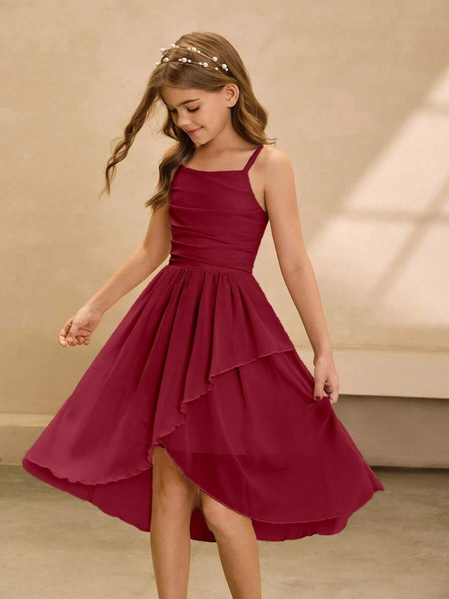 Vestido Midi Elegante e Luxuoso de Alça Fina e Ombro Caído Rosa para Meninas Pré-Adolescentes, Adequado para Festa, Banquete, Evento da Noite, Aniversário, Apresentação, Casamento, Dama de Honra, Baile de Formatura, Férias - Vinho - Visão 1