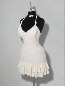 SHEIN ICON 针织提花层叠荷叶边吊带裙与长袖披肩套装 - 杏色 - 查看 4