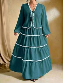 SHEIN Tall Plus Size Women Woven Textured Long Sleeve Cardigan With Tie Belt, Contrast Ruffle Hem Design, Elastic Waist Maxi Skirt, French Elegant Romantic 2 Pieces Set Teal Blue Dress Women Bohemian Dresses For Women Green Maxi Dress Women Tiered Maxi Dress Long Sleeve Summer Dresses