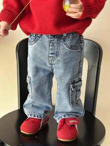 SHEIN Baby Boy Fashion Vintage Cool Blue Denim Loose Cargo Pants Fall Winter,For Baby Fall/Winter Dailywear Costume,Boys Streetwear Outfits,Halloween Outfits,Christmas Outfits,Winter Jeans,Toddler Jeans,Warm Jeans - Medium Wash - View 4