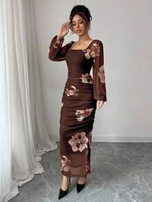 Modelyn 女士花卉印花优雅方领系腰中长连衣裙女式长款晚礼服 - 棕色 - 查看 4