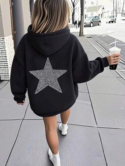 Sparklyn Girls' Casual Minimalist Five-Pointed Star Print Hooded Sweatshirt, Suitable For Outings, Everyday Casual Wear And School, Fall Clothes For Young Girl Back To School Winter