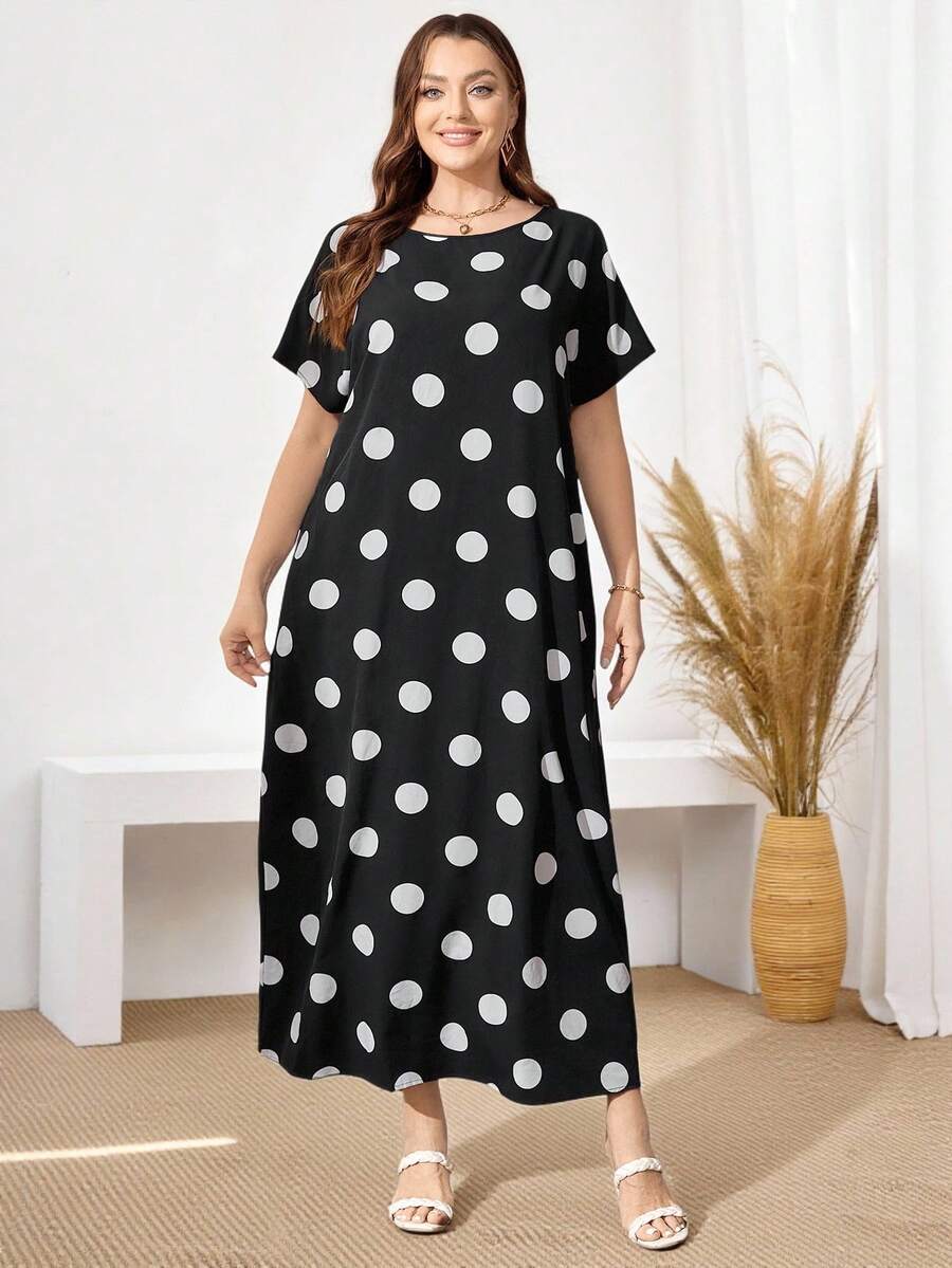 Miaspire Plus Size Women'S Black And White Polka Dot Long Dress For Spring,Summer - Black and White - View 1