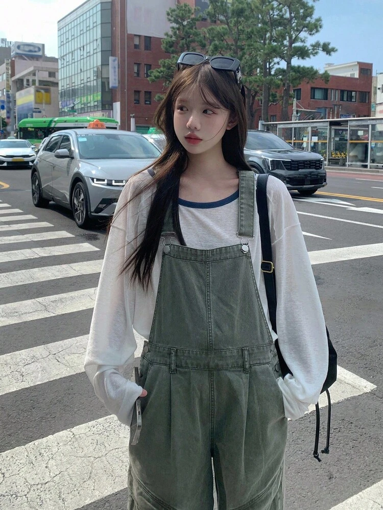 Macacão e Jardineira Denim Estilo Casual Coreano para Mulheres, Outono/Inverno