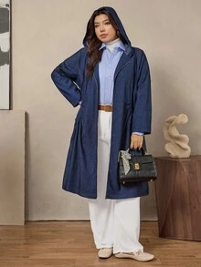 Zelara 大尺碼女款秋冬藍色連帽外套 中長版收腰大衣 - 藍色 - 查看 3