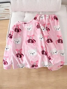 Girls' Cute Cherry Bear Print Fluffy Long Sleeve Top And Pants 2 Pieces Pajama Set - Pink - View 2