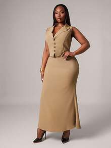 SHEIN SXY 大码女装秋冬性感优雅卡其色无袖背心套装搭配鱼尾裙，适合性感迷人的职场女性、舞会、情人节、邮轮旅行、通勤、商务场合、复古风、派对、度假、外出、老钱风、层次感丰富的穿搭、约会之夜、聚会、极简主义、生日、正式活动、辣妹风、伊比沙岛风、纳什维尔风、休闲风、端庄风、时尚风、休闲风、购物、街头风、外出等各种场合，凸显身材，修饰身形。 - 卡其色 - 查看 8