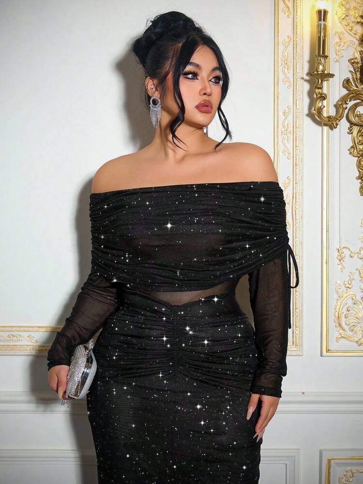 Roveilla Plus Size Ruched Bodycon Party Dress, Sexy Glitter Dress, Elegant Party Gown For Women - Black - View 10
