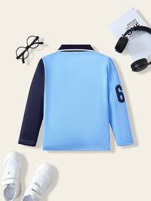 1pc Young Boy Casual Polo Shirt, Collared Colorblock Long Sleeve Polo Shirt Fall Winter - Blue - View 2