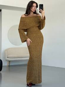Aloruh Women's Elegant Mustard Yellow Sweater Dress,Off Shoulder Large Lapel Long Sleeve Slim Fit Solid Color Knit Dresses For Autumn Date Night Clothing - Green - View 8