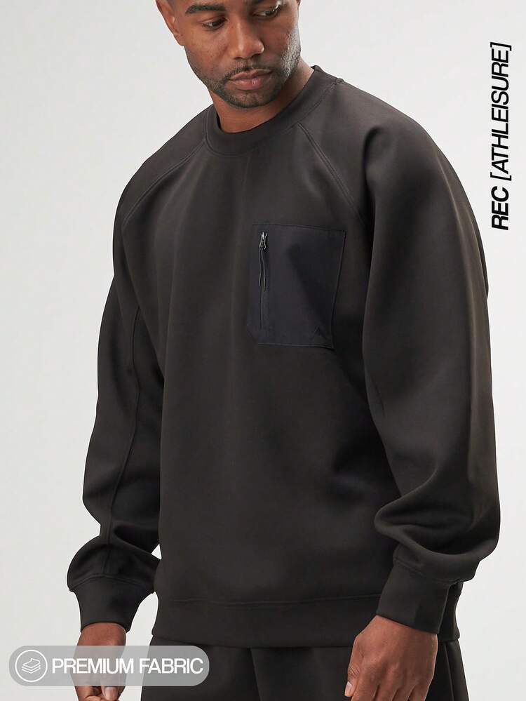 Sudadera holgada de cuello redondo de unicolor con bolsillo con cremallera para hombre, para invierno - Negro - Añade 4
