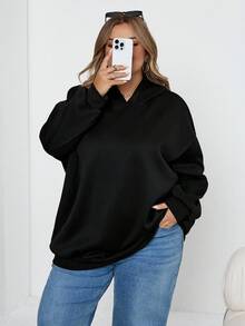 SHEIN CURVE+ 大码女式黑色长袖连帽休闲宽松运动衫，适合秋冬季 - 黑色 - 查看 7