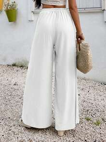 EURMUSE Calça feminina casual solta, cor sólida, cintura elástica, perna larga - Branco - Ver 2