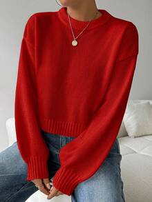 Celisse Tropiluxe Women's Solid Color Simple Casual Crew Neck Long Sleeve White Sweater - Red - View 4