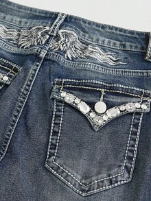 ROMWE Grunge Punk Spring/Summer Plus Size Wing Embroidery & Rhinestone Decor Flare Jeans - Multicolor - View 2