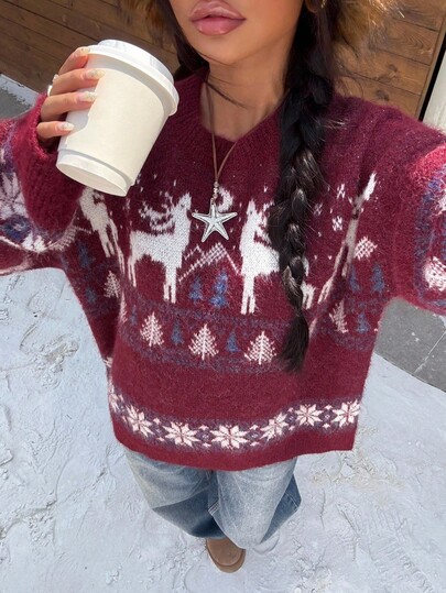 Muchica Fair Isle Knit Reindeer Christmas Pullover Sweater Autumn Winter Clothes For Women