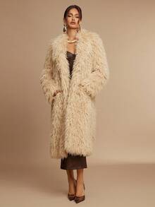 Silquee High-End Series New Autumn And Winter Fashion Fluffy Brown Fur Long Curly Mid-Length Coat, Elegant Women's Furry Parka, Women's Fashion Street Style Slanted Pocket Collar Metal Button Front Faux Fur Jacket, Winter Fur Coat With Lining