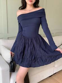 Feyla Women's Elegant Off Shoulder Patchwork Waist Cinched Long Sleeve Mini Dress, Suitable For Commuting - Navy Blue - View 4
