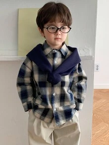 DAZY 幼儿男童宽松休闲格子长袖衬衫，自然风格，秋季 - 藍色 - 查看 1