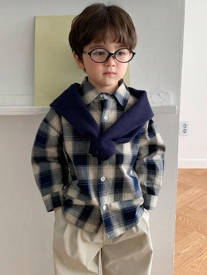 DAZY 幼儿男童宽松休闲格子长袖衬衫，自然风格，秋季