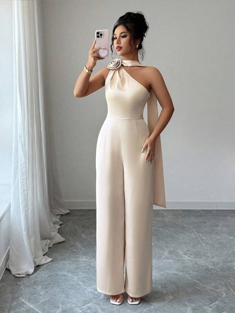 Elenzga 女士优雅连体裤，肩部镂空，腰部收紧，3D 花卉装饰，适合通勤、约会、休闲外出、日常穿着，采用光泽斜纹面料制成 - 杏色 - 查看 1