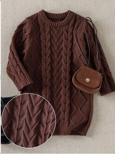 PrepCrw Baby Girl Collegiate Style Twist Flower Knit Dress Chic Baby Girl Brown Cable Knit Sweater Dress. This Cozy Long Sleeve Knitwear Features A Classic Round Neck, Ideal For Everyday Casual Wear And Versatile Short-Length Fall Fashion School Tops Clothes Outfit Cute Tops Graphic Tees Winter