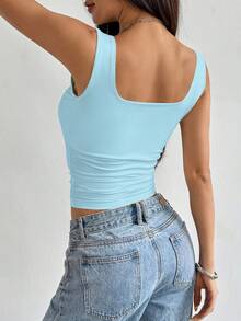 SHEIN PETITE 女式修身休闲舒适纯色加厚吊带背心，夏季 - 淺藍色 - 查看 2