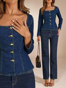 Avantive Langärmliges Jeanshemd mit quadratischem Ausschnitt, dekoriert mit Metallknöpfen, geeignet für Winter/Herbst, Ausgehen, Geburtstag, Casual, Millennium/2000/90er Jahre, Western-Stil Damen, Club, Büro, Cocktails, Retro, Rave Festival, Fun, Klassisch, Old Money, Streetwear, Workwear, Junggesellinnenabschied, Konzert, Basic, Ausgehen, Elegant, Casual - Mittele Waschung - Übersicht 5