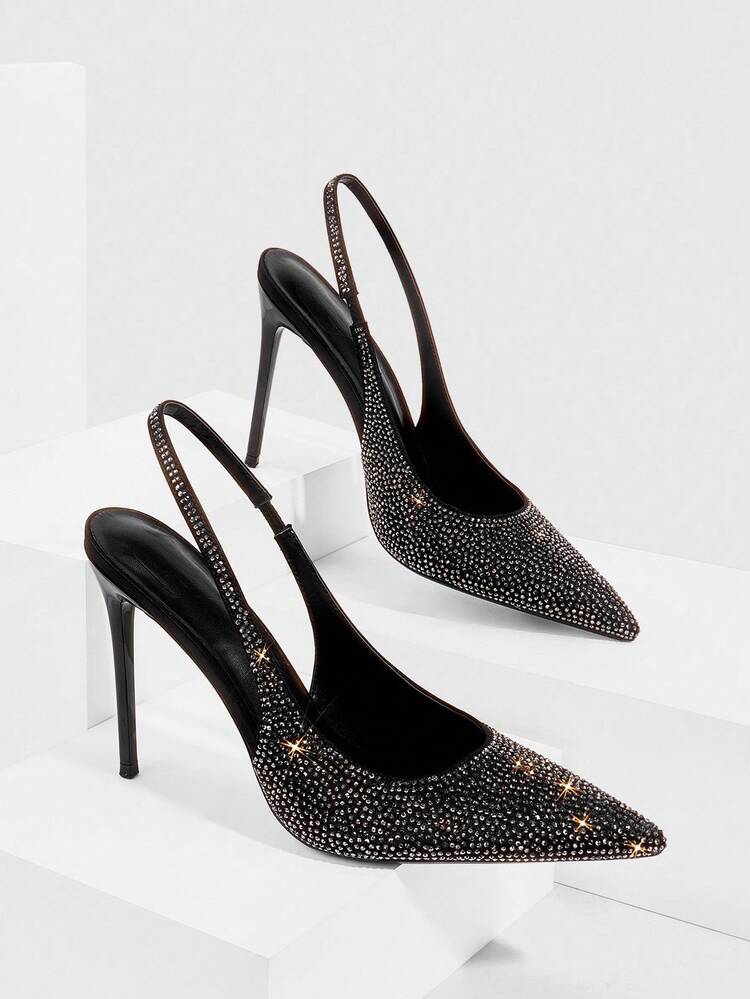 CUCCOO SZL Women's Pointed Toe High Heel Black Rhinestone Embellished Formal Party Nightclub Fashionable Glamorous Sexy Stilettos With Ankle Strap For Christmas Spring Shoes