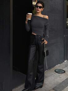 DAZY Áo thun nữ dáng ôm, viền bất đối xứng, quần áo mùa thu dài tay cho nữ - Màu xám đen - Xem 2