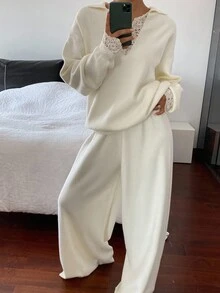 Livesso 女式秋季蕾丝拼布 V 领宽松上衣和休闲裤针织两件套 - 白色 - 查看 3