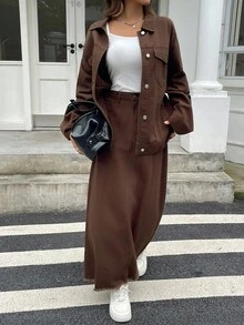 DAZY 女士秋季翻领宽松上衣和宽松牛仔裙两件套 - 咖啡棕 - 查看 4