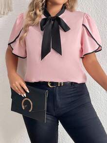 Elenzga 女裝大尺碼彩色拼接襯衫,泡泡袖和綁帶細節 - 粉色 - 查看 4