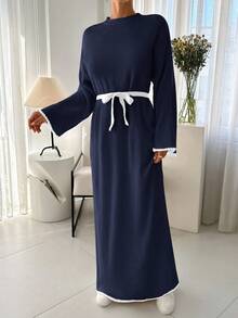 EURMUSE Pullover Sweater Dress Hem And Sleeve Detail+ 478 - Navy Blue - View 5