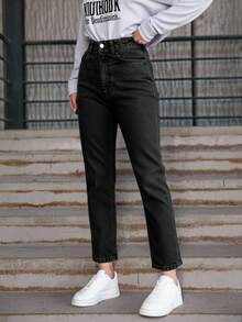 EURMUSE High Waist Straight Leg Denim Jeans - Dark Grey - View 4