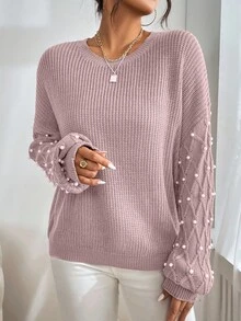 EURMUSE Casual Minimalist Crew Neck Loose Fit Long Sleeve Pullover Sweater For Women - Dusty Pink - View 4