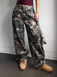 DAZY 女士休闲迷彩宽松长牛仔裤 - 綠色 - 查看 3