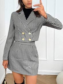 SHEIN LUNE Women's Elegant 2-Piece Set: Houndstooth Print Long Sleeve Jacket And Midi Skirt, Autumn Fall Cloth For Women - Multicolor - View 3